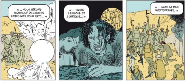 Extrait de la BD "Sarkozy-Kadhafi. Des billets et des bombes". &copy; Editions Delcourt