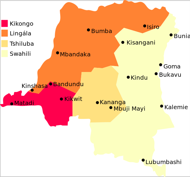 La carte schématique des aires linguistiques en RDC. &copy; Wikimedia / Denis Jacquerye
