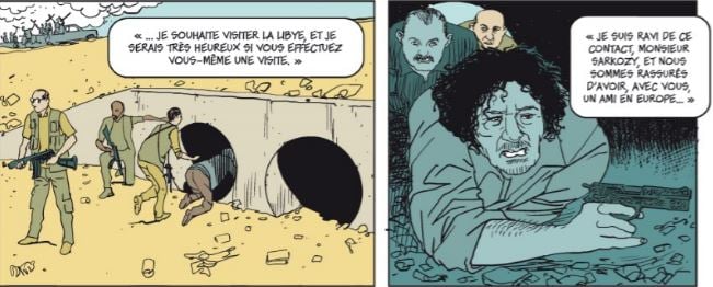 Les dernières heures du "Guide", dans la BD "Sarkozy-Kadhafi. Des billets et des bombes". &copy; Editions Delcourt