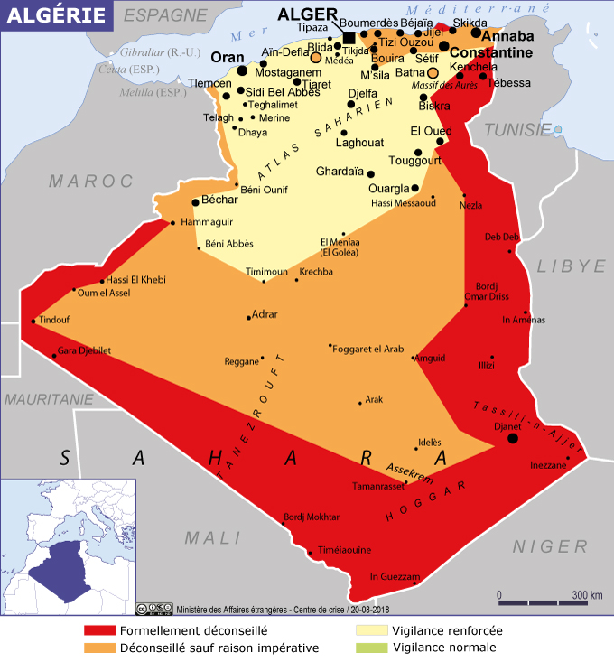 Depuis août 2018, le reste de l’Algérie reste en vigilance renforcée. © Ministère français des Affaires étrangères.