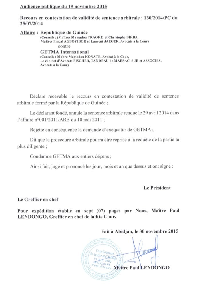 CCJA-Getma-Guinee &copy; Extrait de l&rsquo;arrêt du 19 novembre de la CCJA.