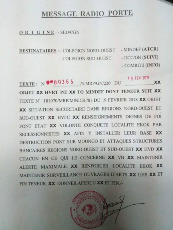 Document du secrétariat d'État à la Défense camerounais. &copy; DR