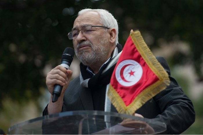 Rached Ghannouchi, leader de la formation islamiste Ennahdha, lors d'un meeting à Tunis en février 2013. &copy; Amine Landouls/AP/SIPA