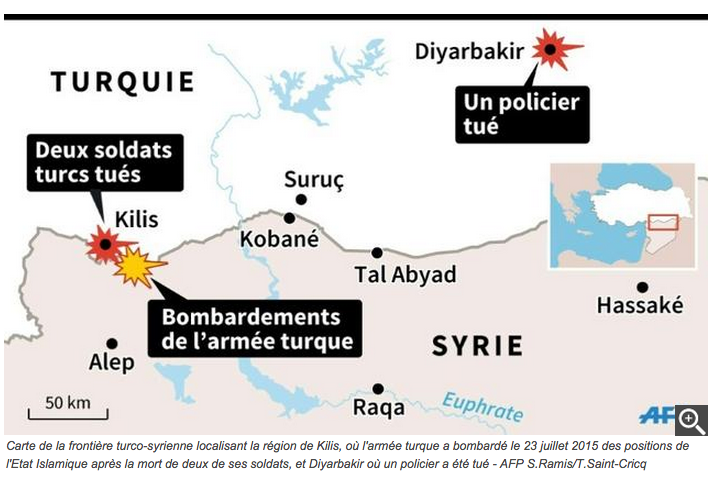 Positions de l’Etat islamique bombardées par la Turquie le 24 juillet 2015. © AFP