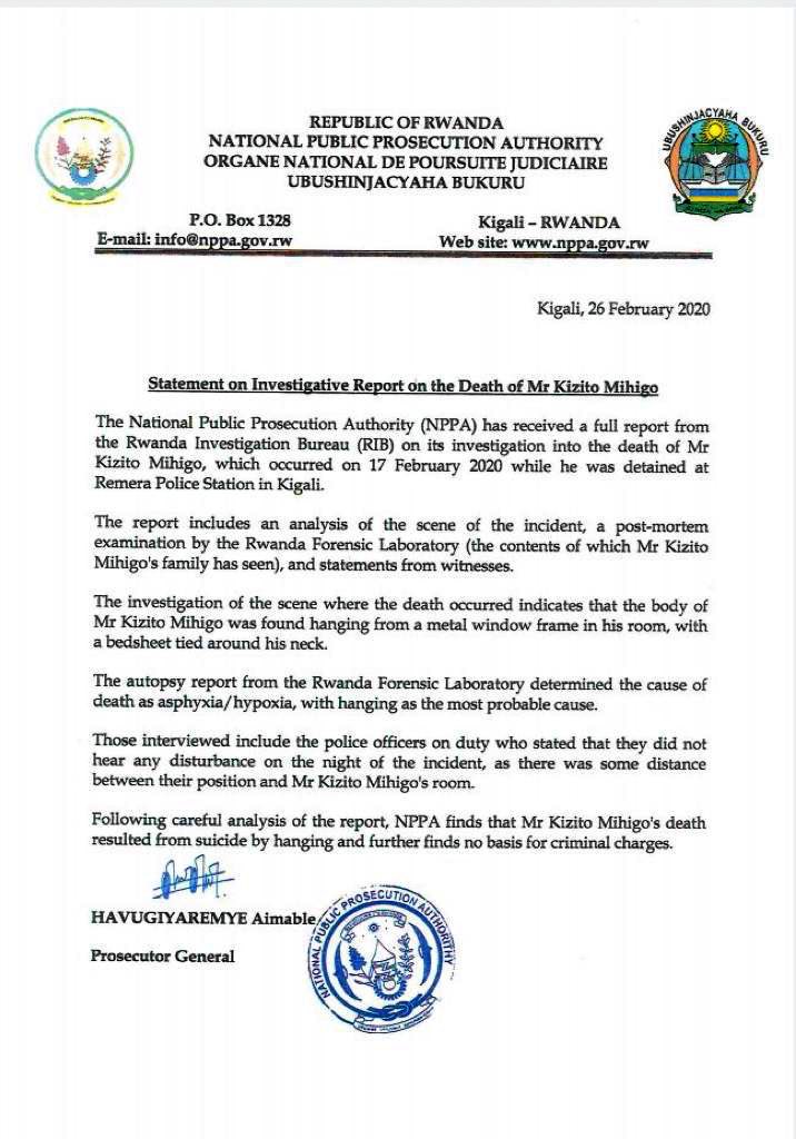 Communiqué sur la mort de Kizito Mihigo &copy; Twitter Prosecution Rwanda