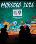Logo du Maroc lors de la conférence de presse pour promouoir la candidature du Maroc pour la coupe du Monde de 2026. © Abdeljalil Bounhar/AP/SIPA