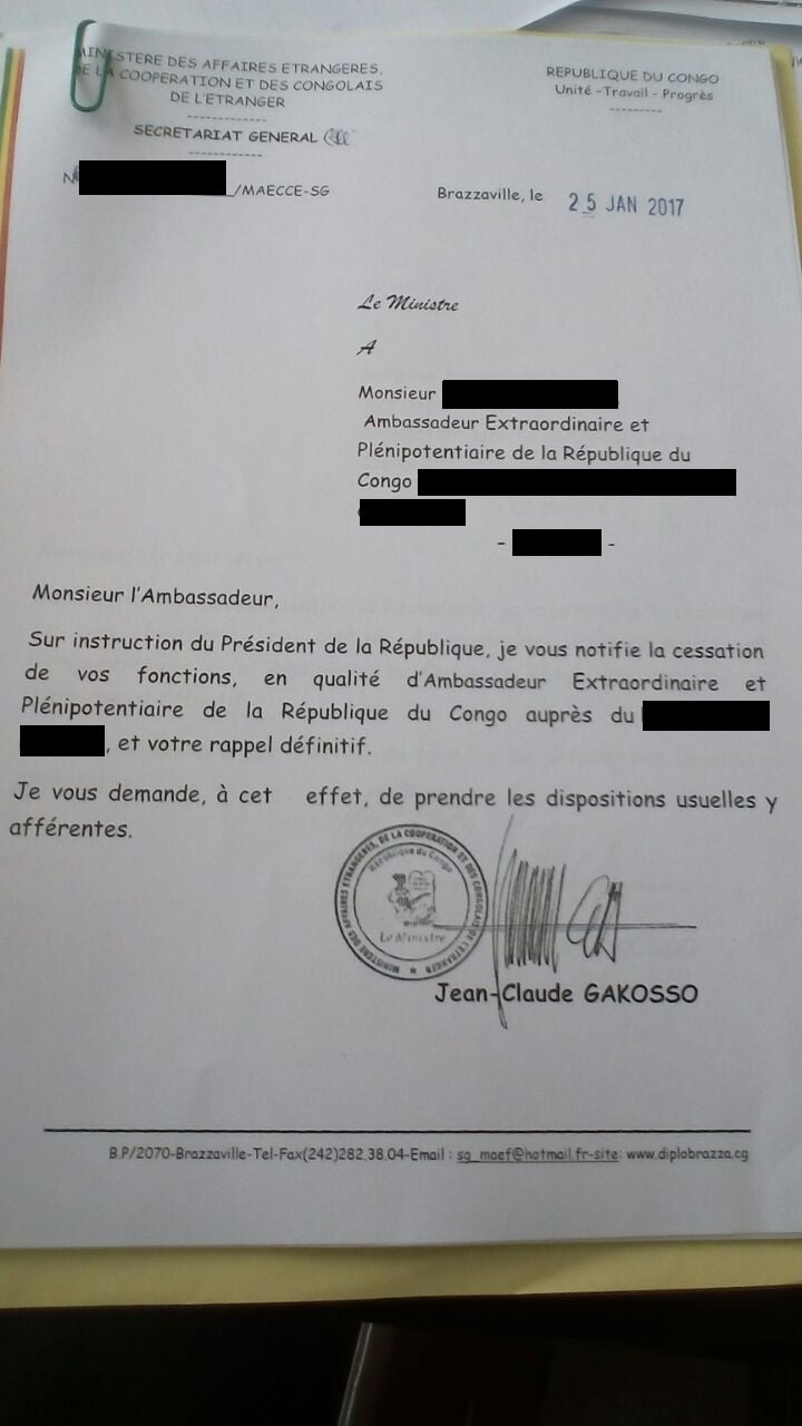 Une note interne du ministre congolais des Affaires étrangères adressée à l'un des 16 ambassadeurs rappelés. &copy; DR