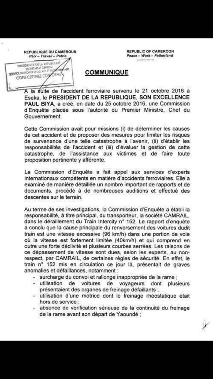 Communiqué de la présidence camerounaise du 23 mai 2016.