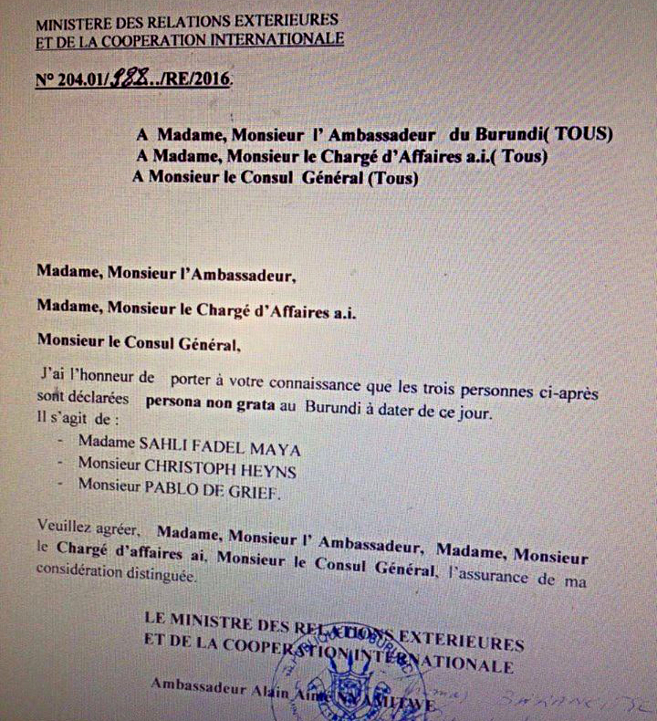 Extrait du document envoyé aux ambassadeurs, chargés d'affaires et consuls généraux du Burundi, le lundi 10 octobre 2016. &copy; DR
