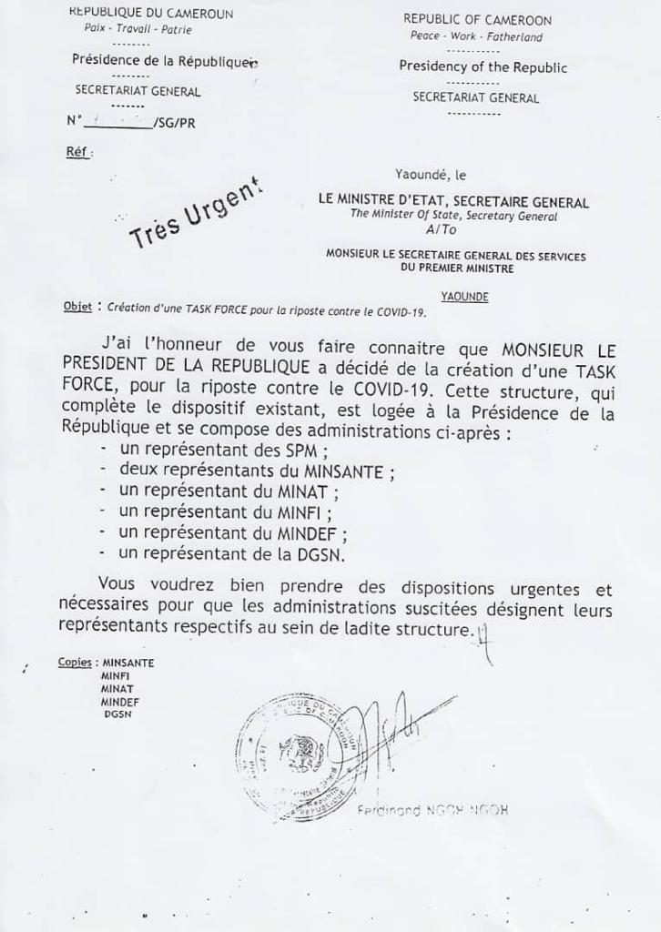 Document portant création de la task force "Covid" au Cameroun. &copy; DR