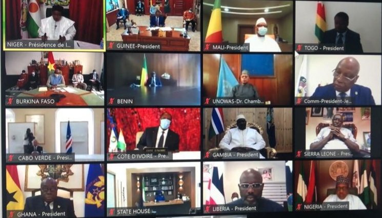 Les chefs d'Etat de la Cedeao, lors du sommet "virtuel" du jeudi 23 avril 2020 sur le coronavirus. &copy; DR / Présidence du Burkina Faso.