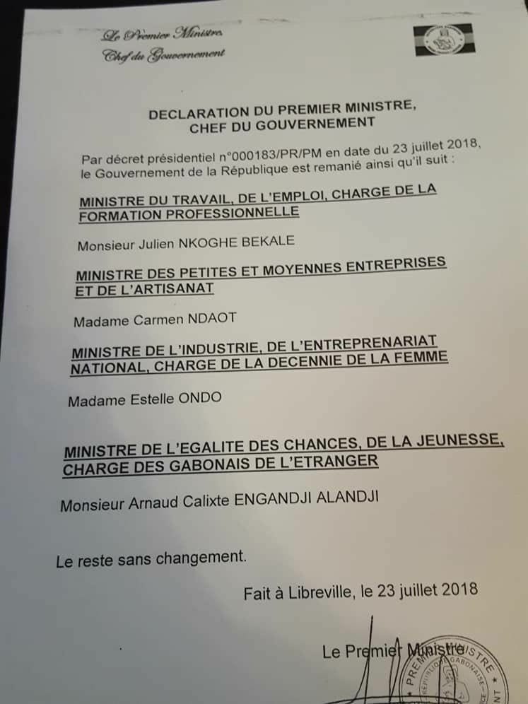 Lettre du Premier ministre du Gabon annonçant le remaniement sur décret présidentiel (23 juillet 2018). &copy; Primature Gabon