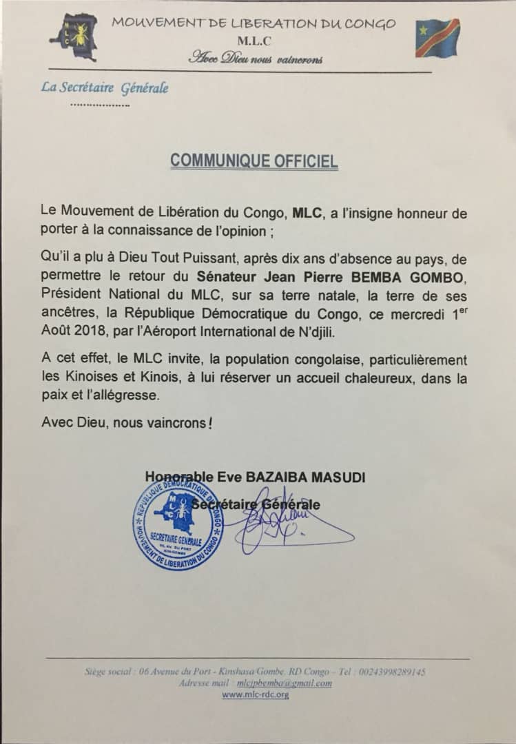 Communiqué du Mouvement de libération du Congo annonçant le retour de Jean-Pierre Bemba à Kinshasa le 1er août prochain. &copy; DR
