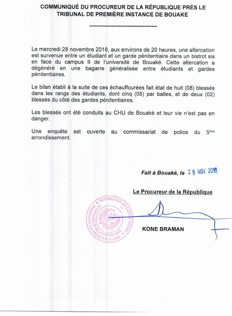 Le communiqué du procureur de la République sur les évènements de Bouaké du 28 novembre.