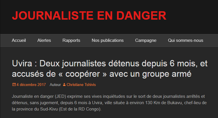 Capture d’écran du communiqué de presse de Journaliste en danger (JED)
