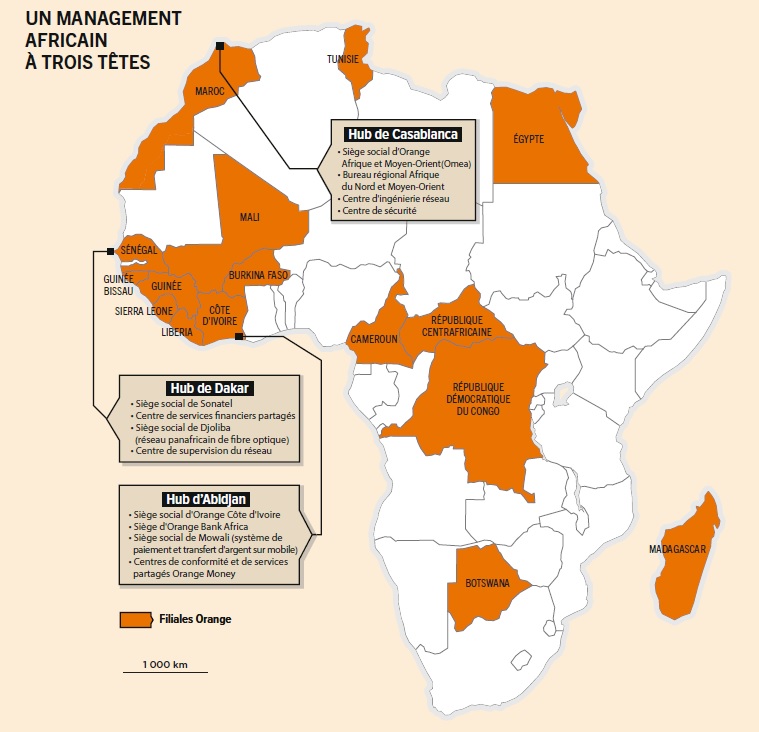 Implantations et organisation du groupe Orange en Afrique. &copy; Jeune Afrique