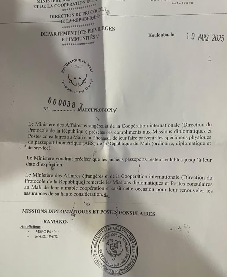 Le courrier adressé le 10 mars par le ministère malien des Affaires étrangères aux missions diplomatiques. © DR