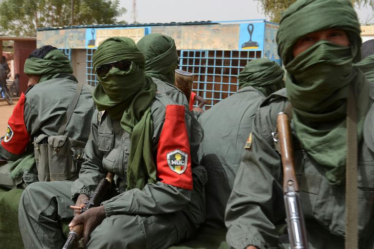 Patrouille mixte entre soldats maliens, groupes armés pro-gouvernementaux et ex-rebelles, le 23 février 2017 à Gao. &copy; Stringer/AFP