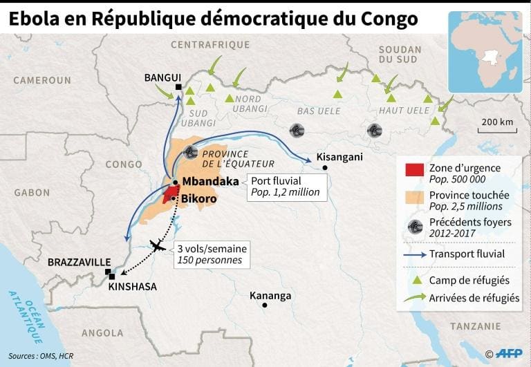 Carte de la République démocratique du Congo localisant les villes touchées par le virus Ebola. &copy; AFP