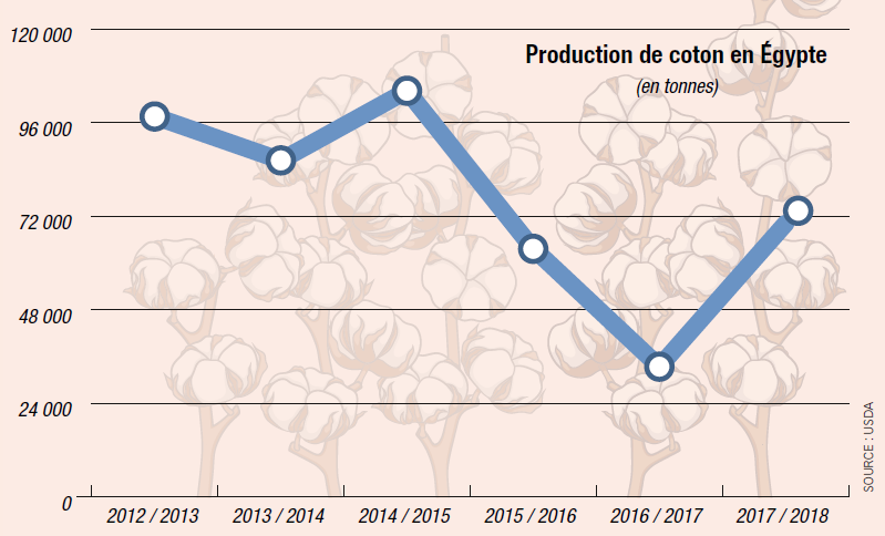 Production de coton en Egypte, de 2012 à 2017. Source USDA &copy; JA