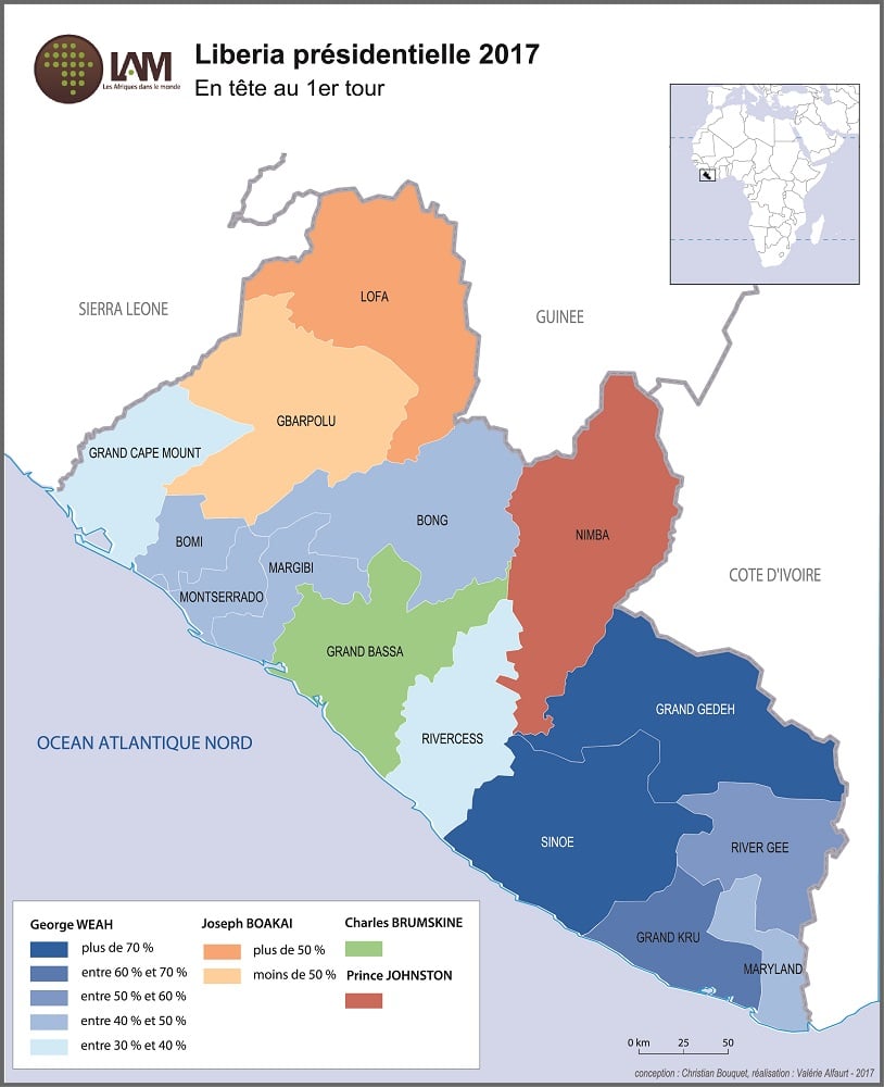 Carte : premier tour des présidentielles 2017 au Liberia &copy; Les Afriques dans le monde