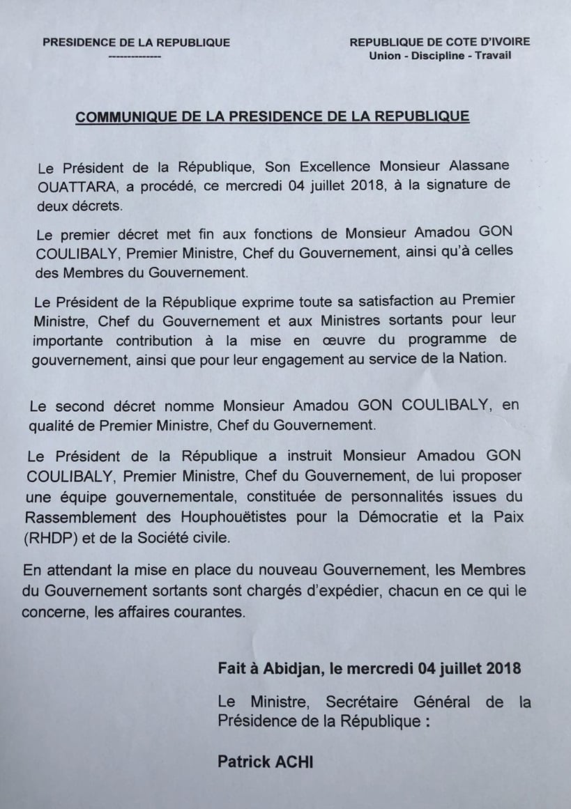 Communique Cote Ivoire &copy; Présidence ivoirienne