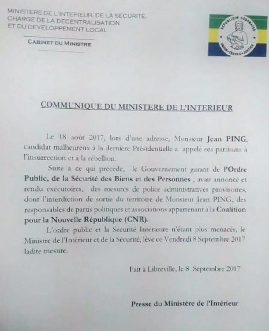 Communiqué du ministère de l'Intérieur gabonais concernant l'interdiction de sortie de territoire de Jean Ping. &copy; DR