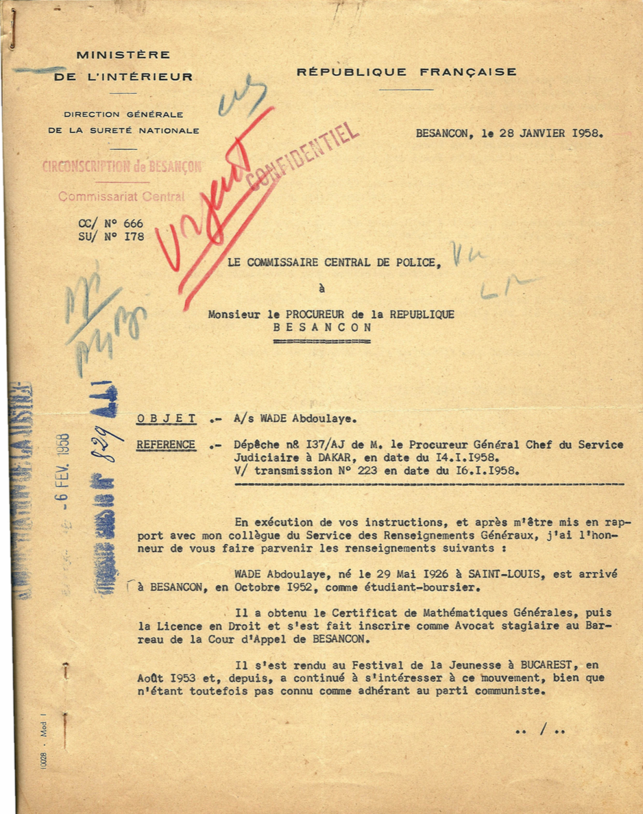 Le courrier du commissaire de police au procureur de Besançon sur les "activités" d'Abdoulaye Wade en 1958 (archives). &copy; DR