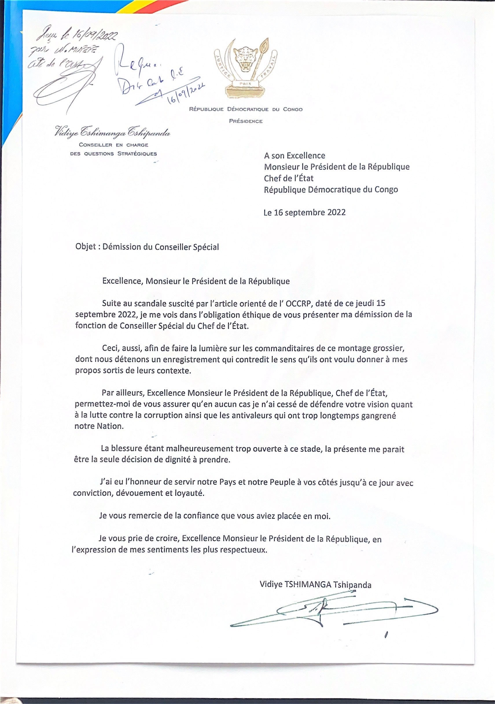 La lettre de démission de Vidiye Tshimanga. © Jeune Afrique